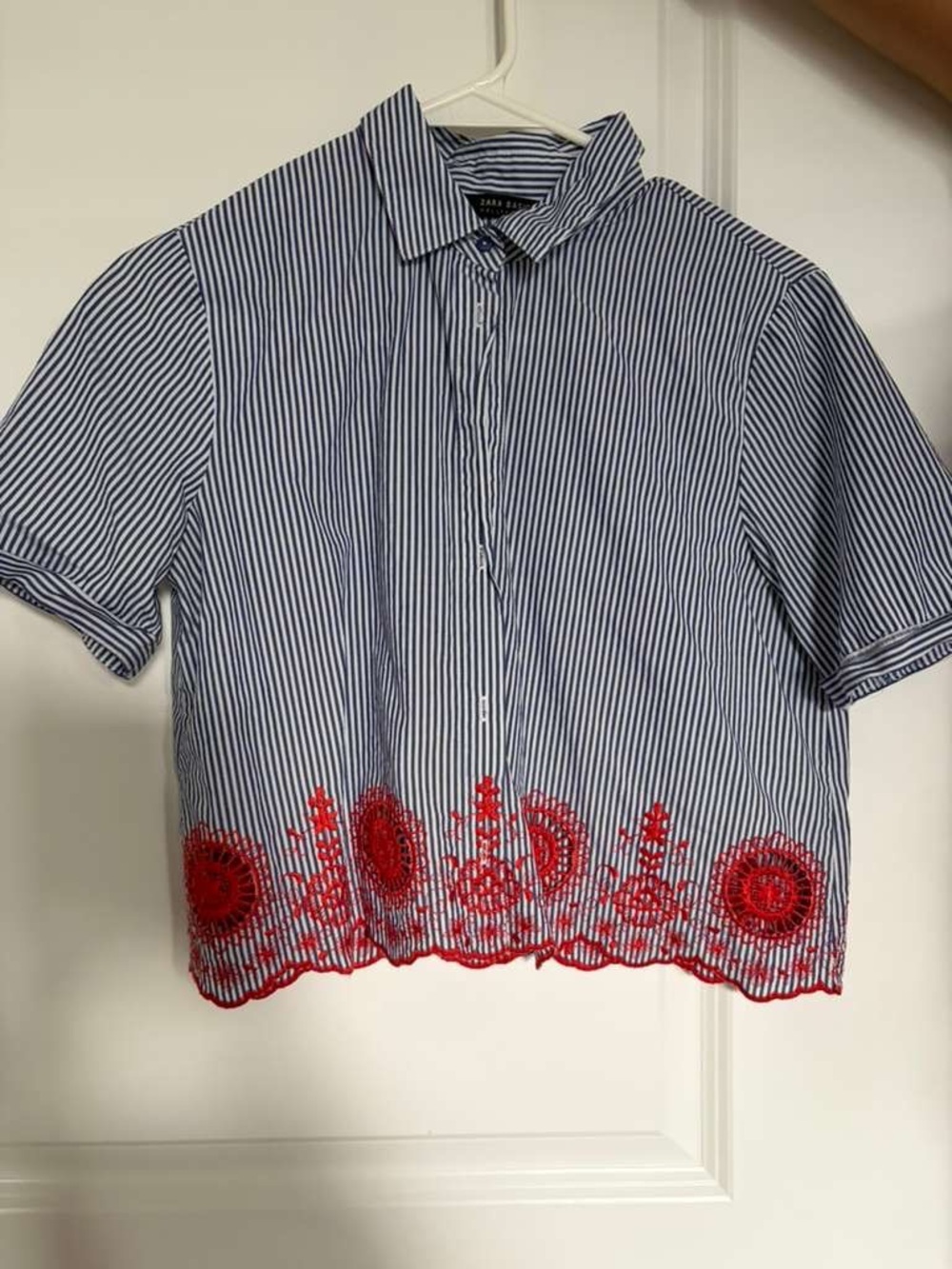 Zara Blue & White Striped Short-Sleeve Shirt with Red Embroidered Hem